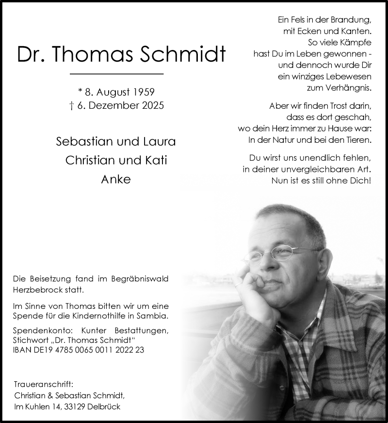  Traueranzeige für Dr. Thomas Schmidt vom 20.12.2025 aus 