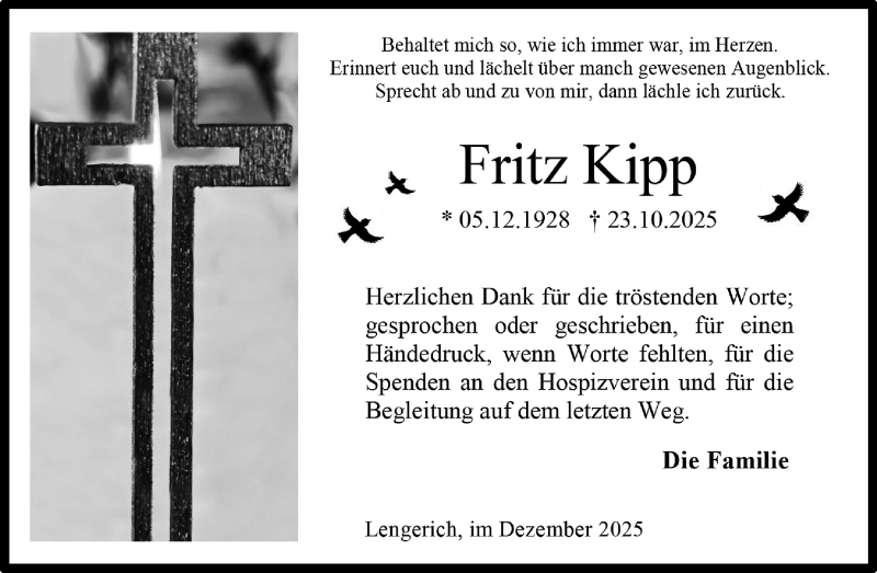  Traueranzeige für Fritz Kipp vom 16.12.2025 aus 