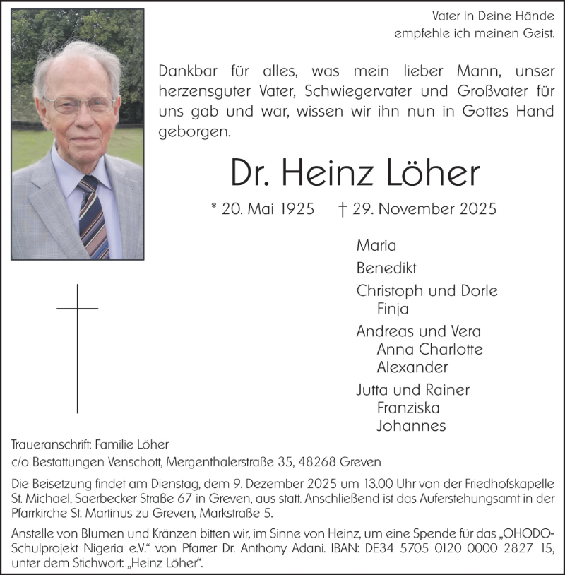 Traueranzeige für Dr. Heinz Löher vom 06.12.2025 aus 