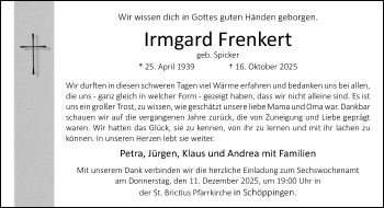 Anzeige von Irmgard Frenkert 