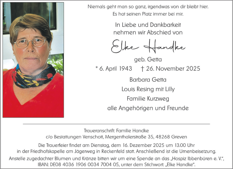  Traueranzeige für Elke Handke vom 06.12.2025 aus 