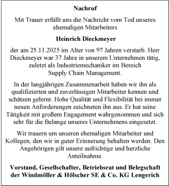 Anzeige von Heinrich Dieckmeyer 