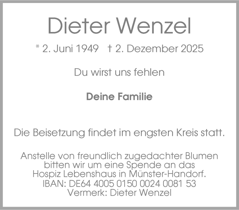  Traueranzeige für Dieter Wenzel vom 13.12.2025 aus 