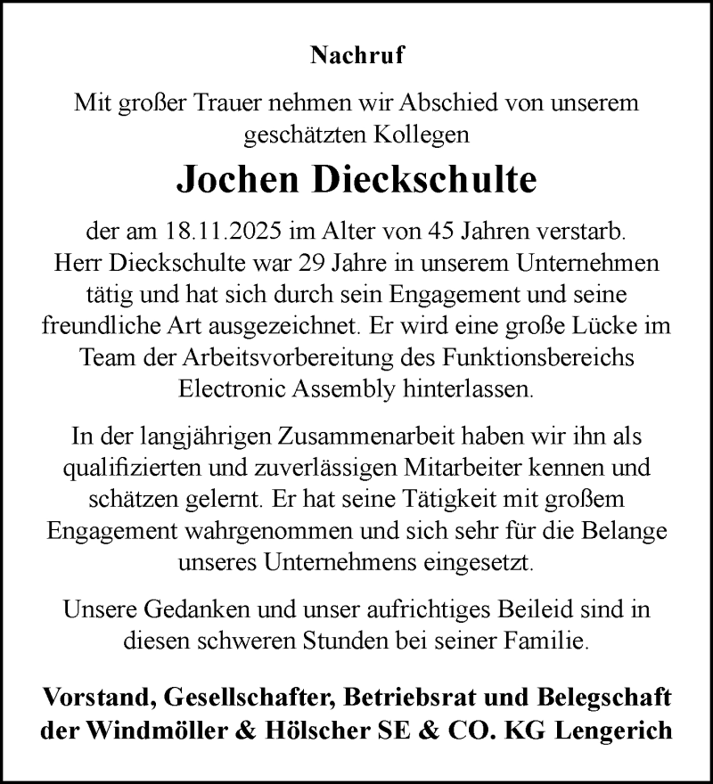  Traueranzeige für Jochen Dieckschulte vom 10.12.2025 aus 