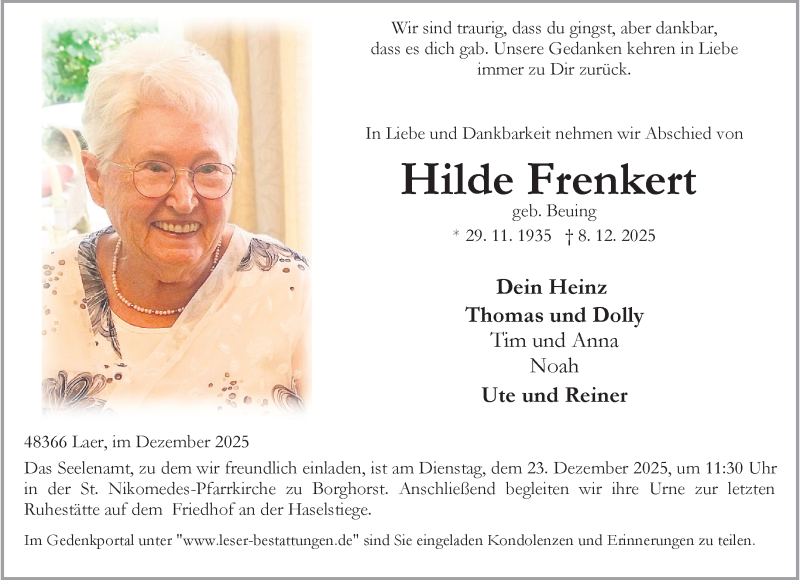  Traueranzeige für Hilde Frenkert vom 20.12.2025 aus 