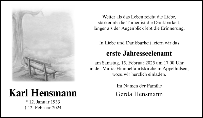  Traueranzeige für Karl Hensmann vom 08.02.2025 aus 