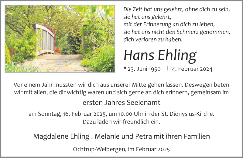  Traueranzeige für Hans Ehling vom 12.02.2025 aus 