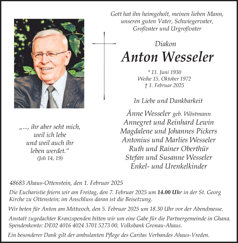  Traueranzeige für Anton Wesseler vom 04.02.2025 aus 