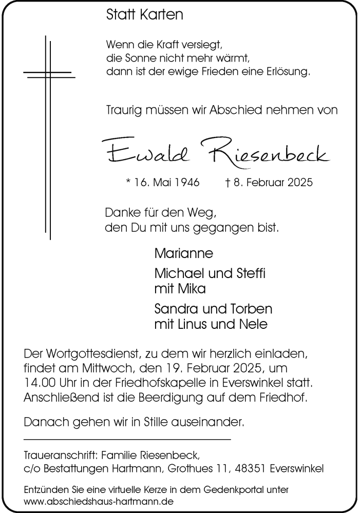  Traueranzeige für Ewald Riesenbeck vom 12.02.2025 aus 