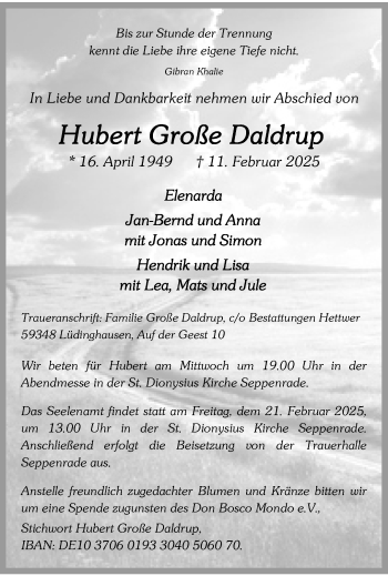 Anzeige von Hubert Große Daldrup 