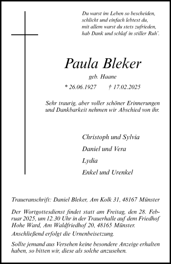 Anzeige von Paula Bleker 