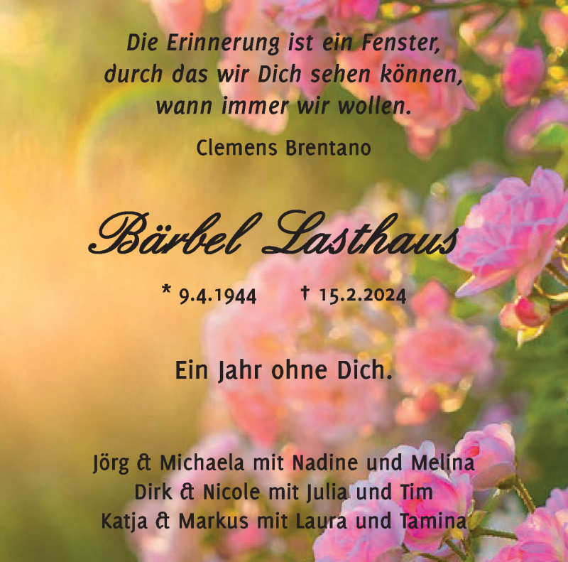  Traueranzeige für Bärbel Lasthaus vom 15.02.2025 aus 