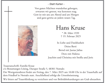 Anzeige von Hans Kruse 