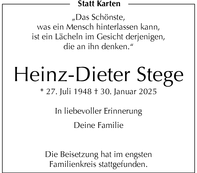  Traueranzeige für Heinz-Dieter Stege vom 15.02.2025 aus 
