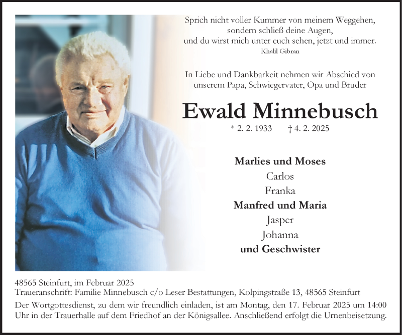  Traueranzeige für Ewald Minnebusch vom 15.02.2025 aus 