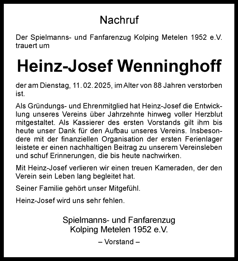  Traueranzeige für Heinz-Josef Wenninghoff vom 21.02.2025 aus 