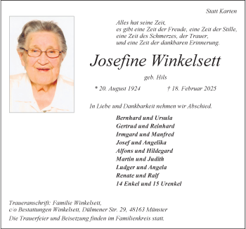 Anzeige von Josefine Winkelsett 