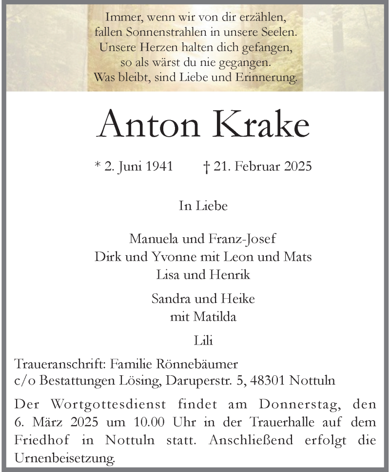  Traueranzeige für Anton Krake vom 26.02.2025 aus 