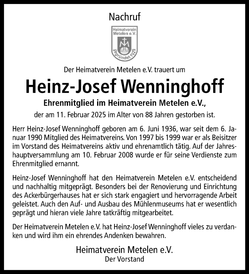  Traueranzeige für Heinz-Josef Wenninghoff vom 21.02.2025 aus 