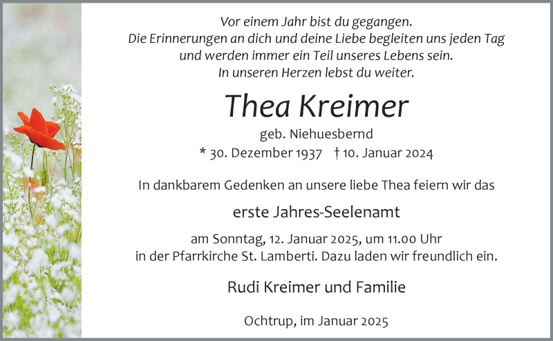  Traueranzeige für Thea Kreimer vom 08.01.2025 aus 