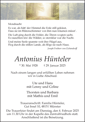Anzeige von Antonius Hünteler 