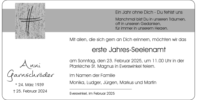  Traueranzeige für Anni Garnschröder vom 15.02.2025 aus 