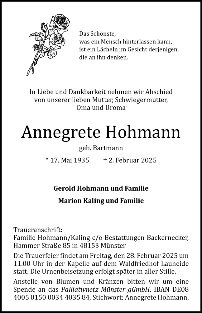  Traueranzeige für Annegrete Hohmann vom 08.02.2025 aus 