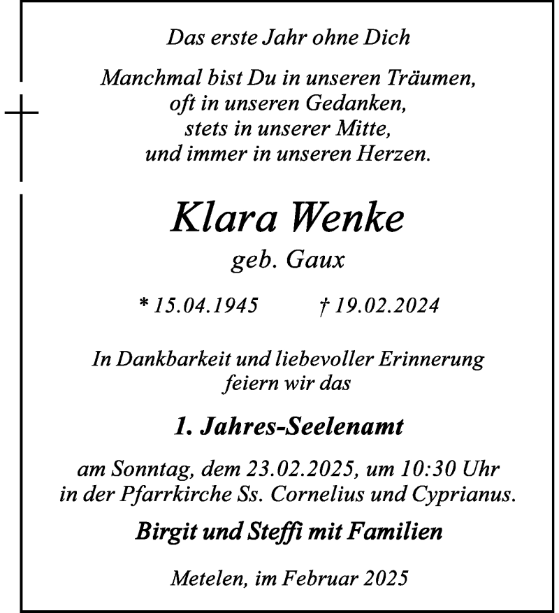  Traueranzeige für Klara Wenke vom 18.02.2025 aus 