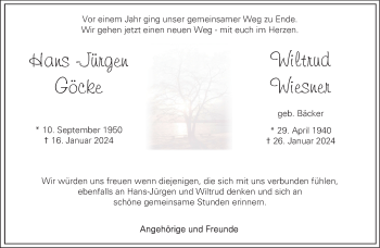Anzeige von Hans-Jürgen Göcke und Wiltrud Wiesner 