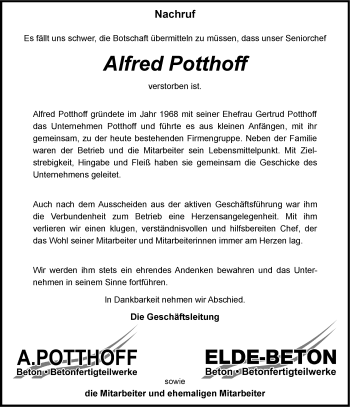 Anzeige von Alfred Potthoff 