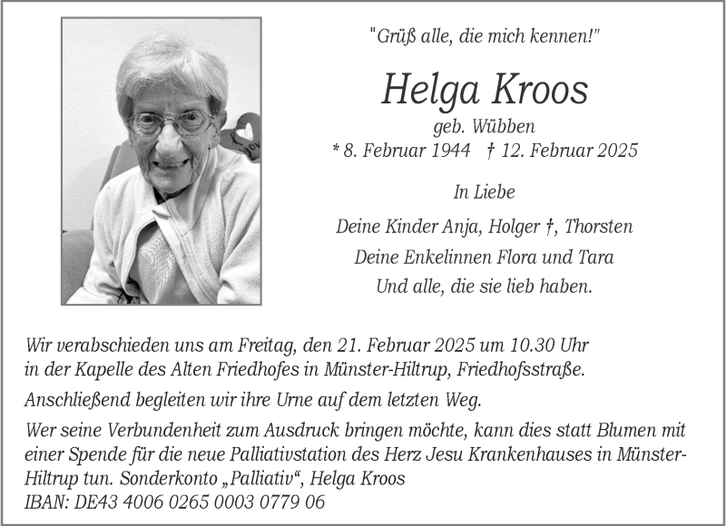  Traueranzeige für Helga Kroos vom 15.02.2025 aus 
