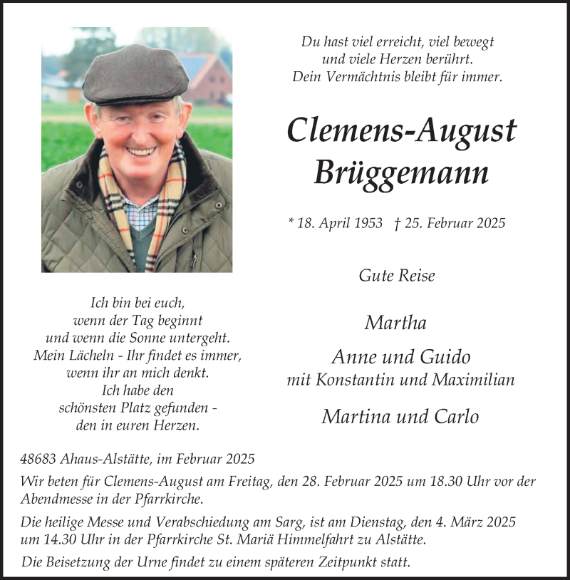  Traueranzeige für Clemens-August Brüggemann vom 27.02.2025 aus 