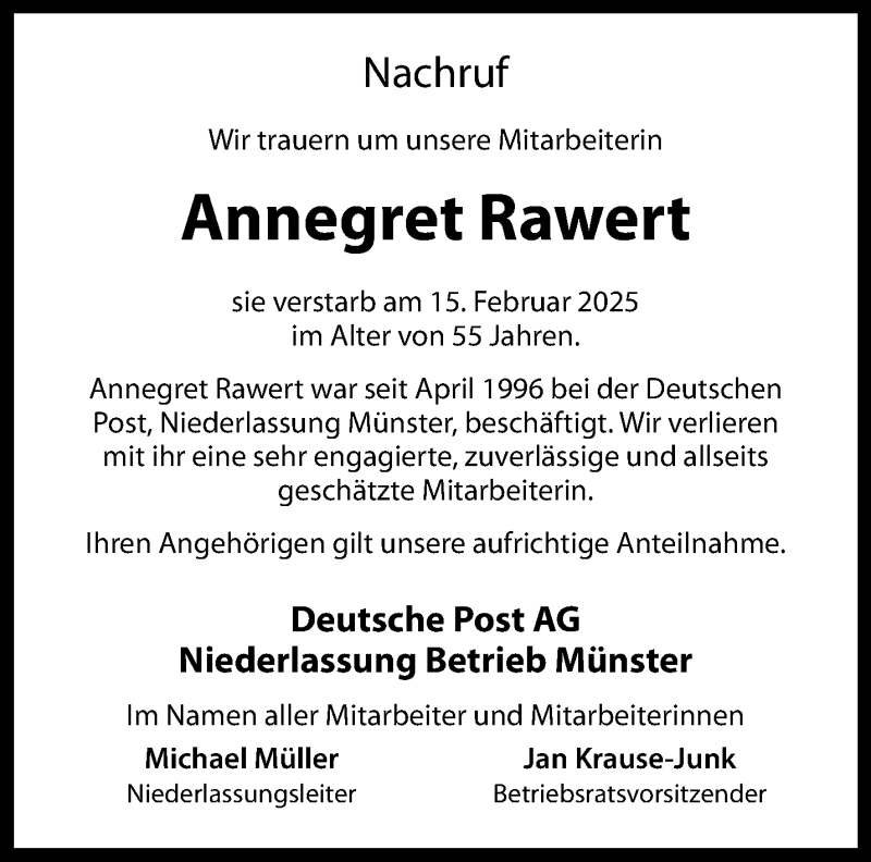  Traueranzeige für Annegret Rawert vom 26.02.2025 aus 