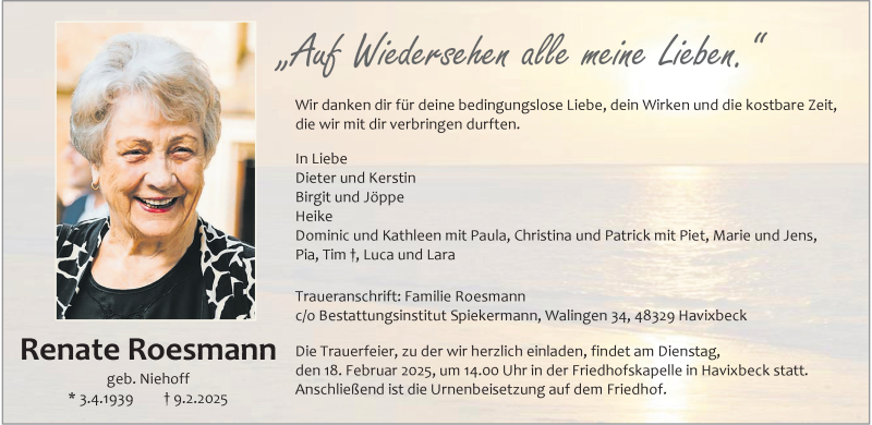  Traueranzeige für Renate Roesmann vom 15.02.2025 aus 