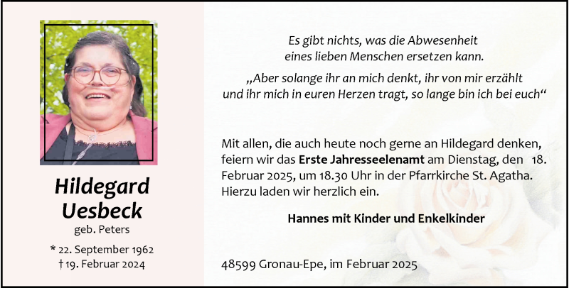  Traueranzeige für Hildegard Uesbeck vom 15.02.2025 aus 