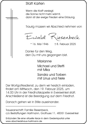 Anzeige von Ewald Riesenbeck 