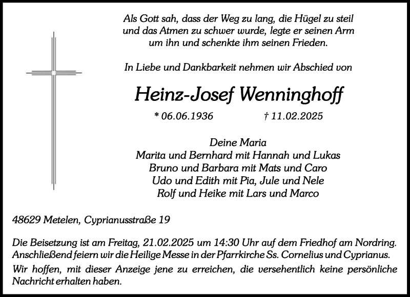 Traueranzeige für Heinz-Josef Wenninghoff vom 15.02.2025 aus 