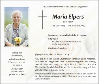 Anzeige von Maria Elpers 