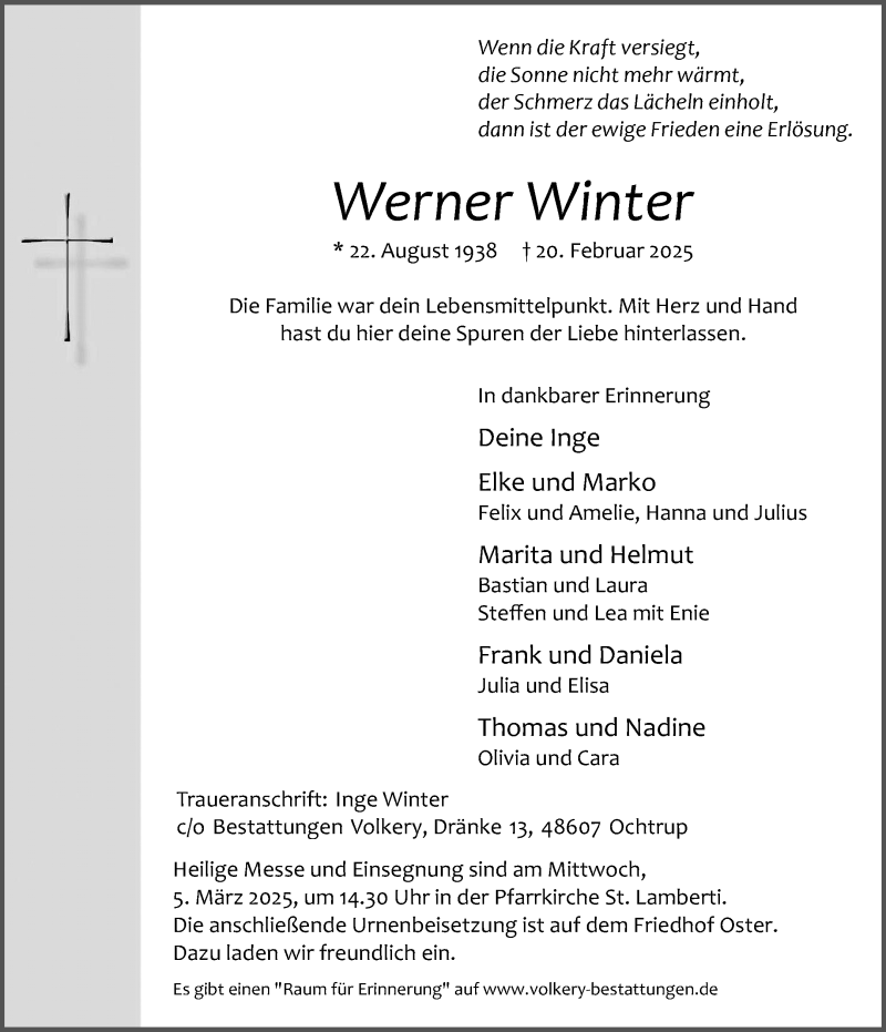  Traueranzeige für Werner Winter vom 22.02.2025 aus 