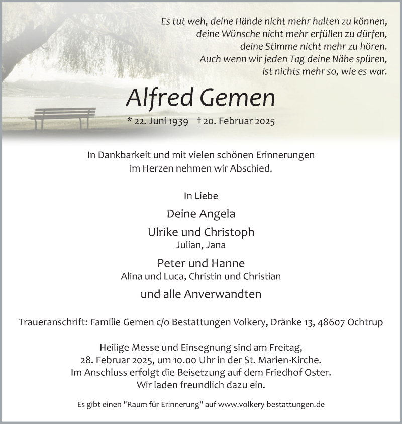  Traueranzeige für Alfred Gemen vom 25.02.2025 aus 