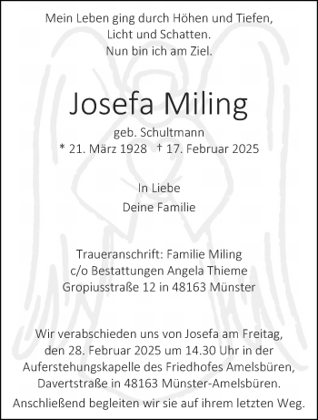 Anzeige von Josefa Miling 
