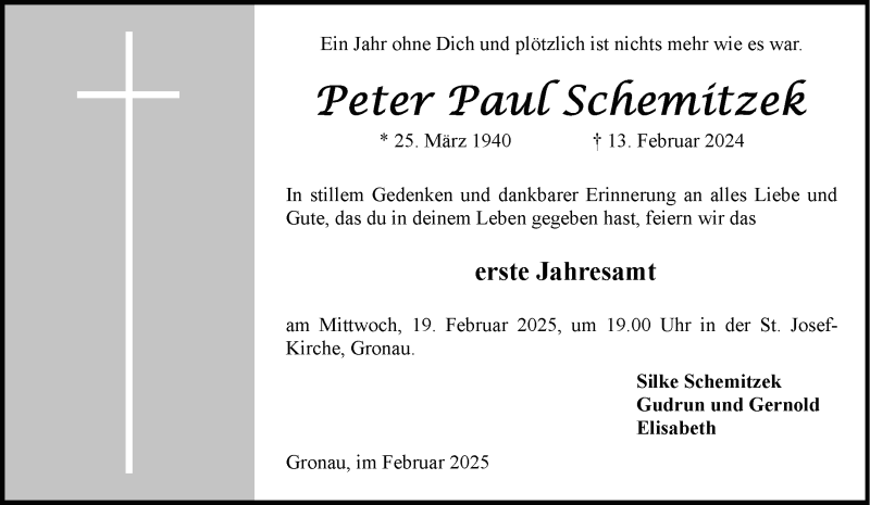  Traueranzeige für Peter Paul Schemitzek vom 15.02.2025 aus 