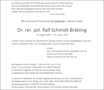 Anzeige von Dr. rer. pol. Ralf Schmidt-Bräkling 