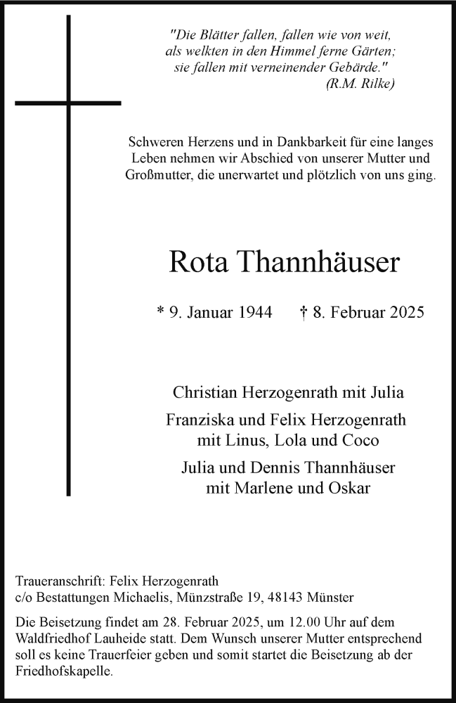  Traueranzeige für Rota Thannhäuser vom 22.02.2025 aus 