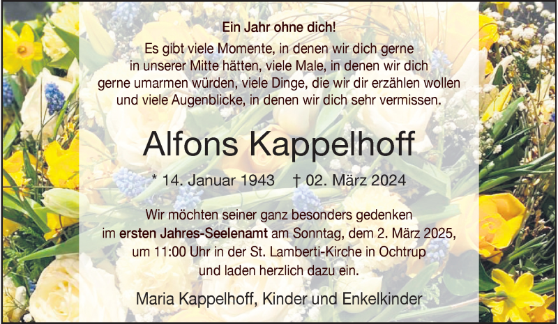  Traueranzeige für Alfons Kappelhoff vom 25.02.2025 aus 