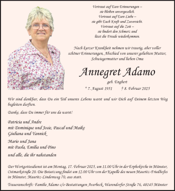 Anzeige von Annegret Adamo 