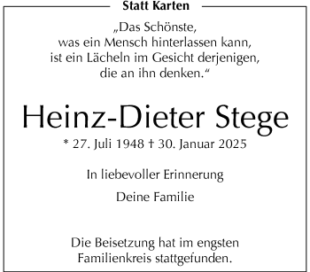 Anzeige von Heinz-Dieter Stege 