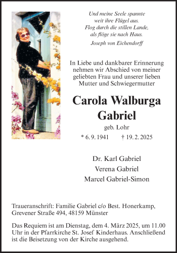 Anzeige von Carola Walburga Gabriel 