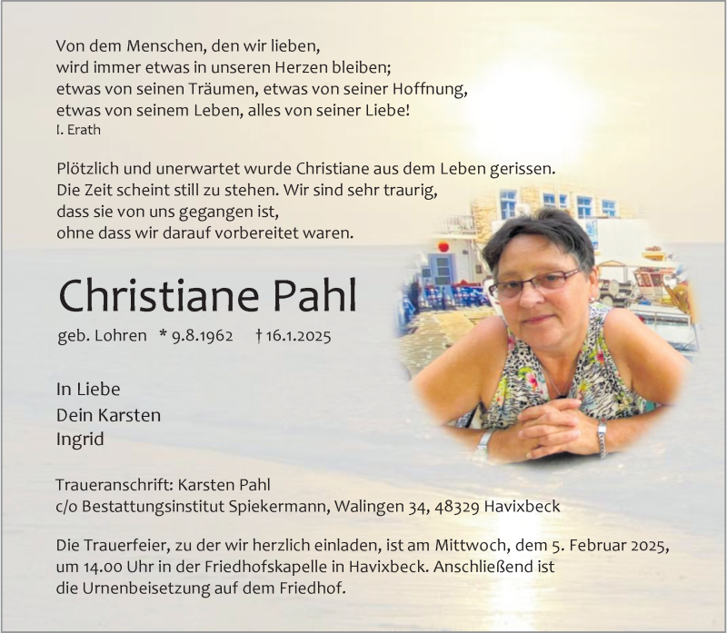  Traueranzeige für Christiane Pahl vom 01.02.2025 aus 
