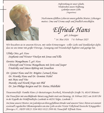 Anzeige von Elfriede Hans 